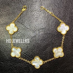 5 Motifs White Mother Of Pearl Clover Flower Gold European Bracelet